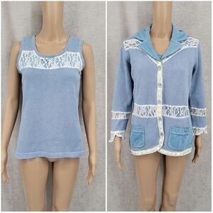 Storybook Knits Denim Queen Blue Lace Trim Tank Top and Jacket Cardigan Vintage